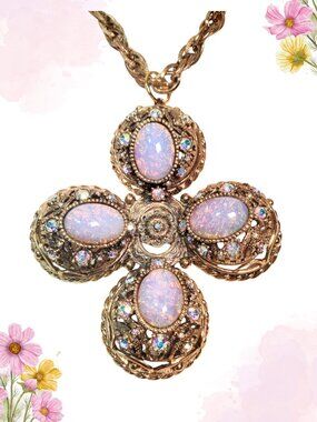 Vintage Joel Powell Large Faux Opal Aurora Borealis Rhinestone Pendant Necklace